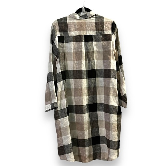 Match Point Shirt Dress 100% Linen Big Plaid Roll Tab Sleeves Black Beige Small - Picture 7 of 8